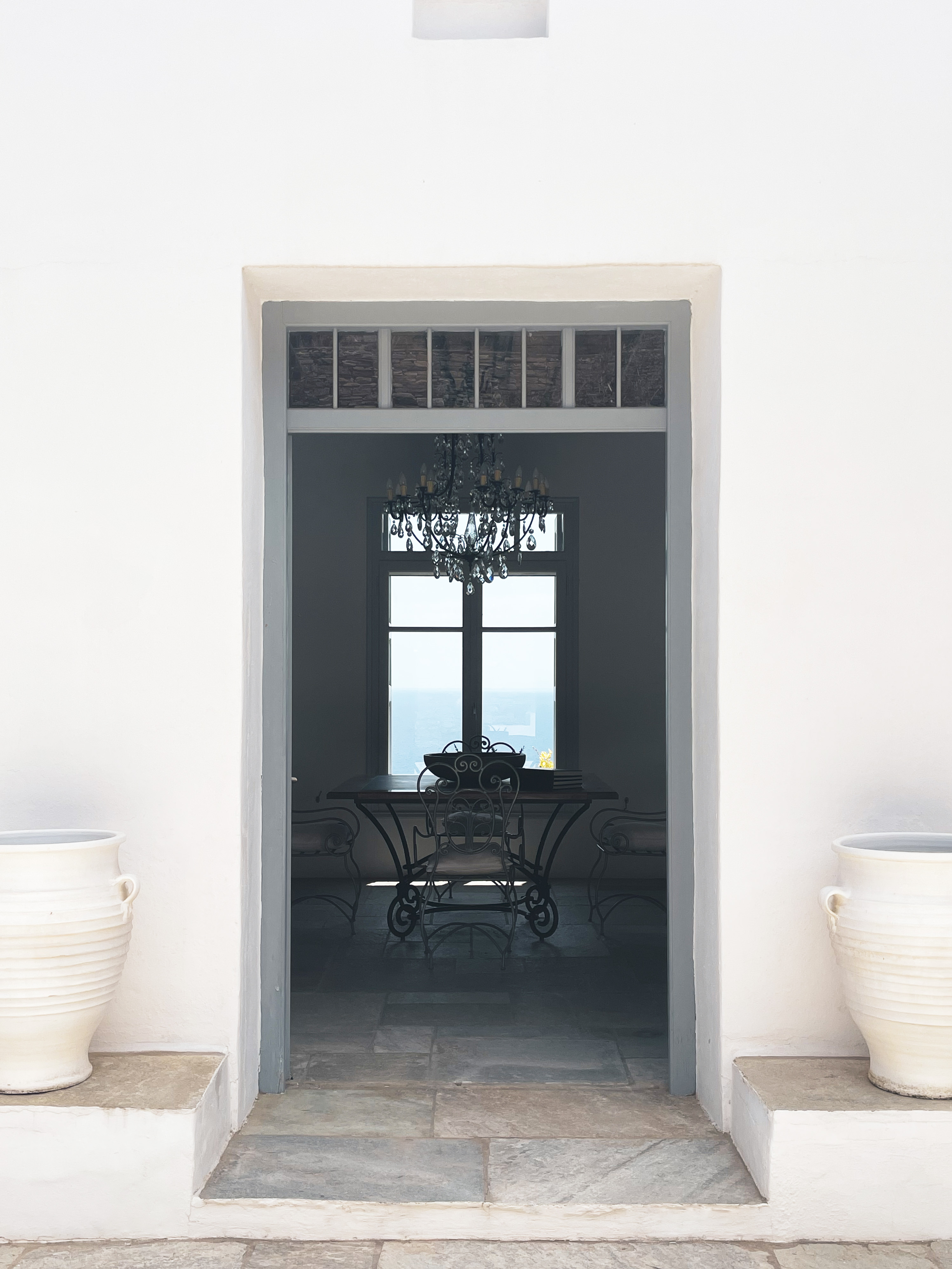 Entrance with white jars